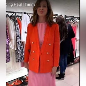 ZARA ORANGE RED TWEED JACKET BLAZER DIAMOND BUTTONS SIZE SMALL S TRINNY
